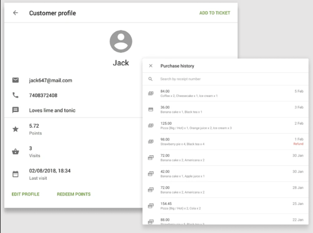 Customer profile with contact details, loyalty points, visits, and purchase history with receipts and refunds.