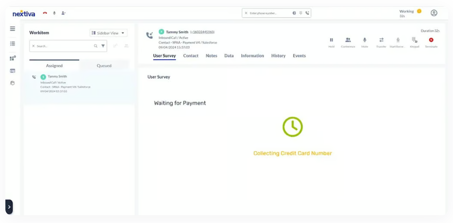 Nextiva contact center payment processing screen with hidden customer data.