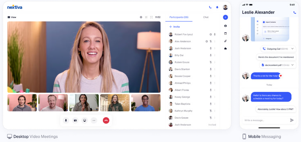 Nextiva video conference call with participants and mobile messaging chat.