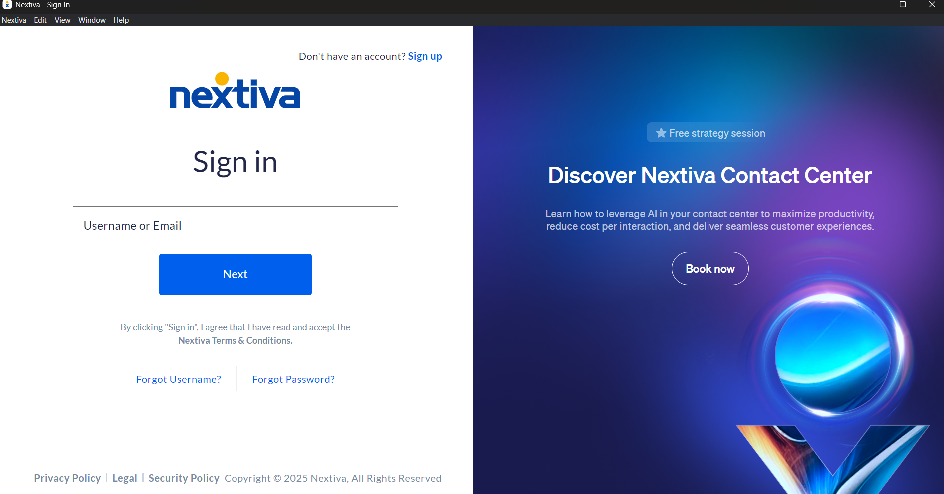 Sign-in screen for the Nextiva desktop app.