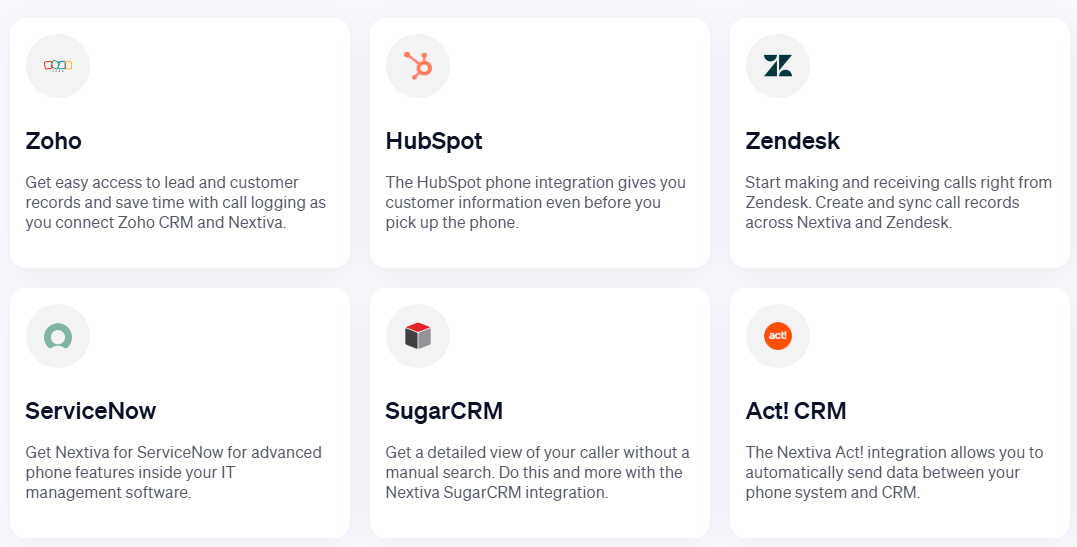 Panel featuring six of Nextiva's native integrations with company logos and descriptions.