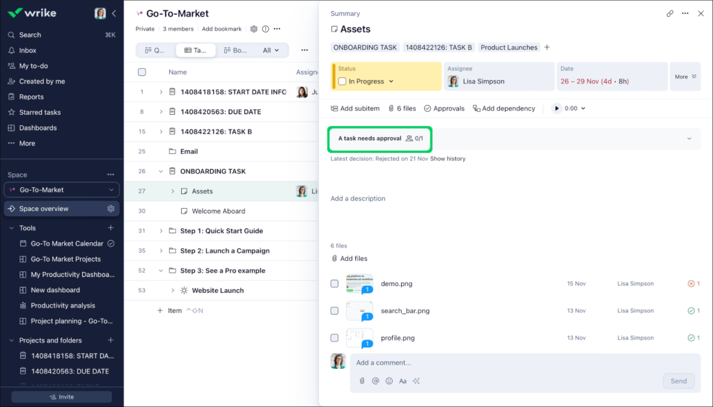 Wrike interface displaying a Go-To-Market campaign with task folders, approvals, status tracking, and file attachments