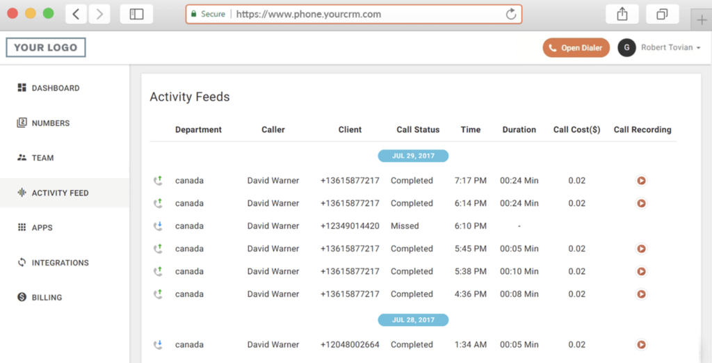 CallHippo activity feed showing call history with caller, client, duration, and recording options.