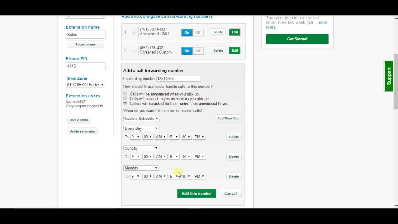Grasshopper settings featuring the page to set up call forwarding to specific numbers.