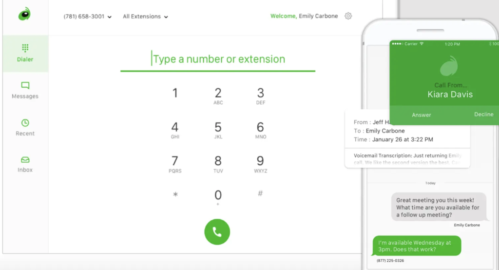 Grasshopper dialer interface with keypad, call options, and voicemail transcription.
