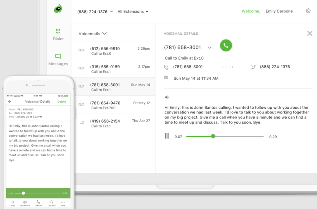 Grasshopper voicemail inbox with call details and audio transcription.