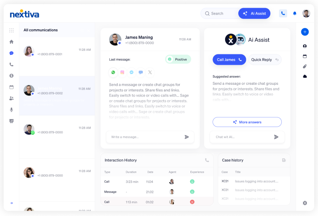 Nextiva shared inbox with AI assistant, customer data, and communication history.
