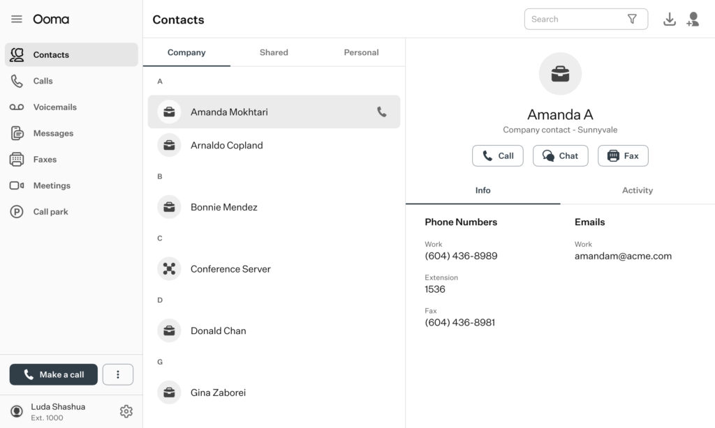 Ooma contacts dashboard with options for calling, chat, fax, and managing contact info.
