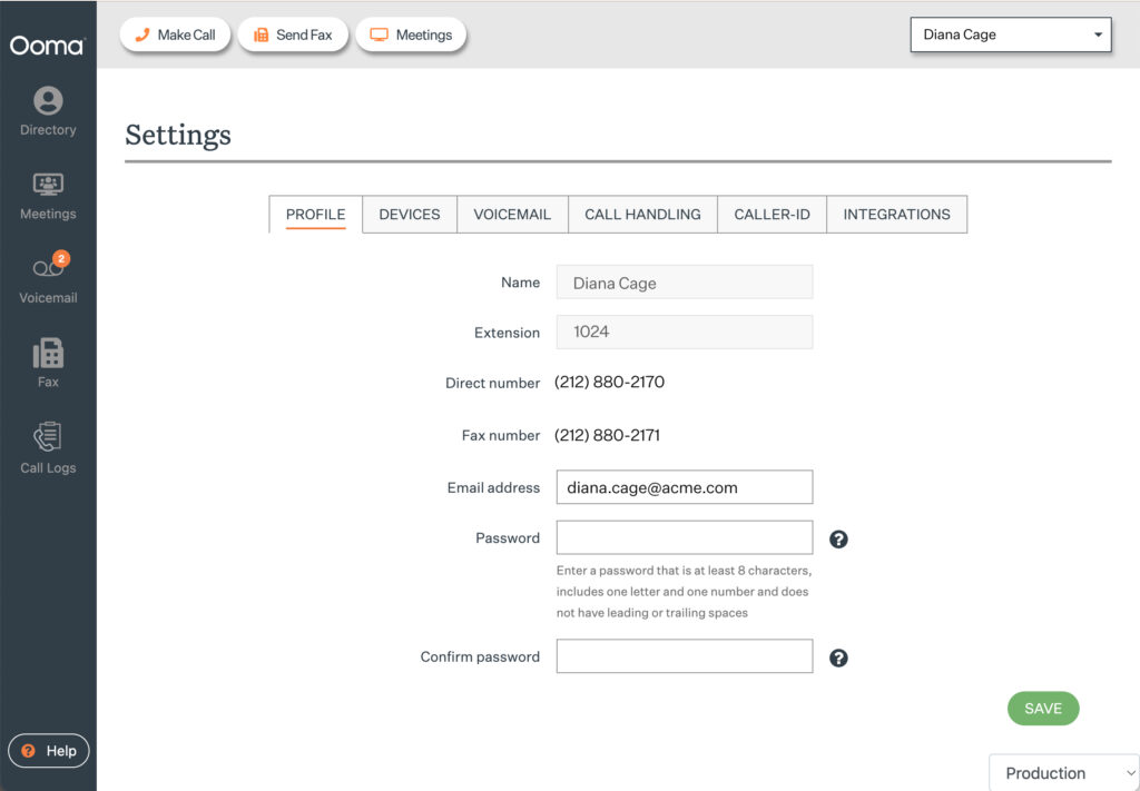 Ooma settings page for voicemail, call handling, caller ID, and integrations.