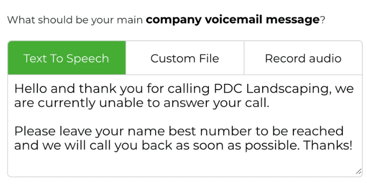 Phone.com text-to-speech setting for creating a company voicemail greeting.