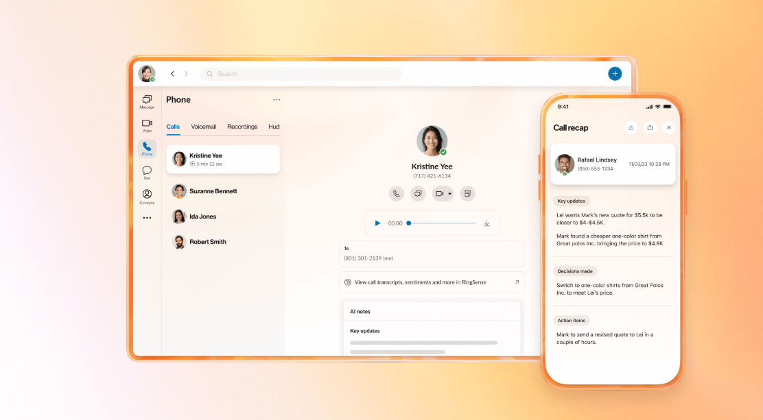 Orange background overlaid with RingCentral desktop app and mobile phone screen featuring the AI assistant call recaps.