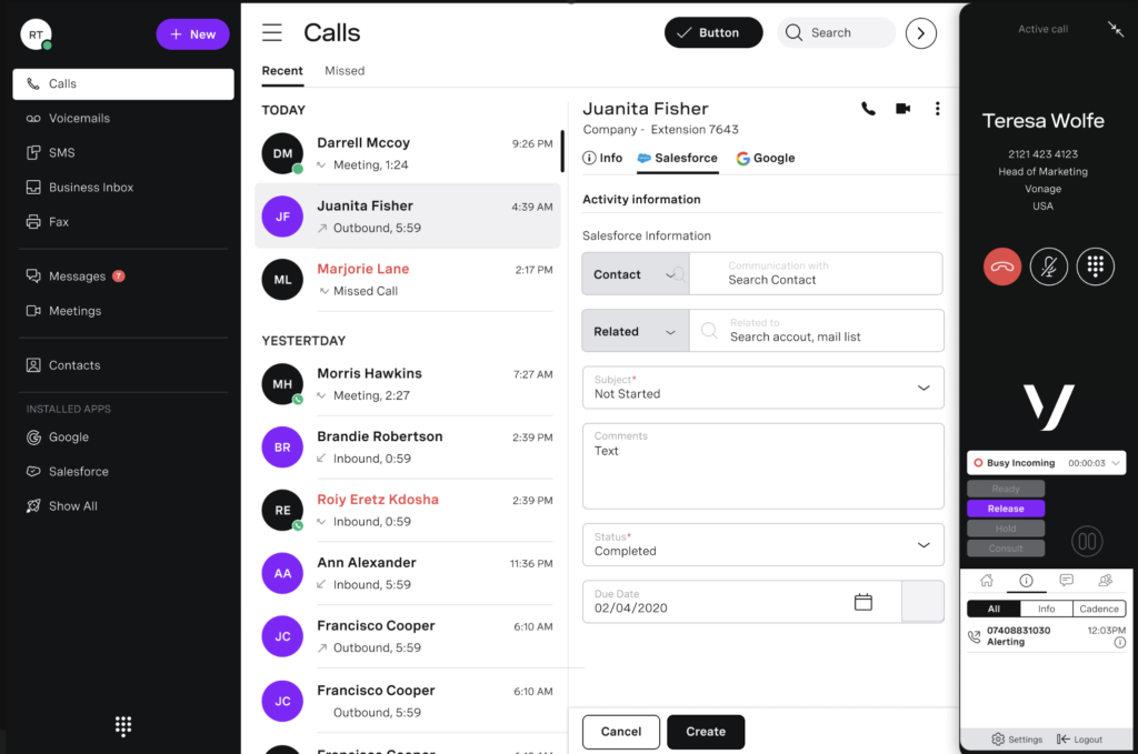 Vonage softphone interface showing call log, Salesforce integration, and live call panel.