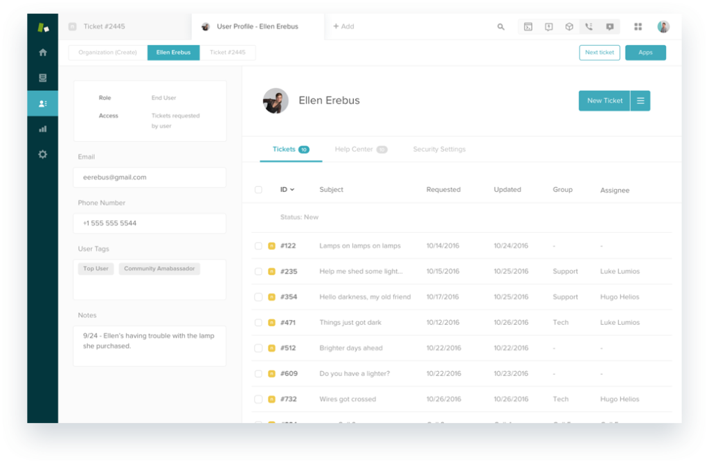 Zendesk dashboard with customer profile and tickets.