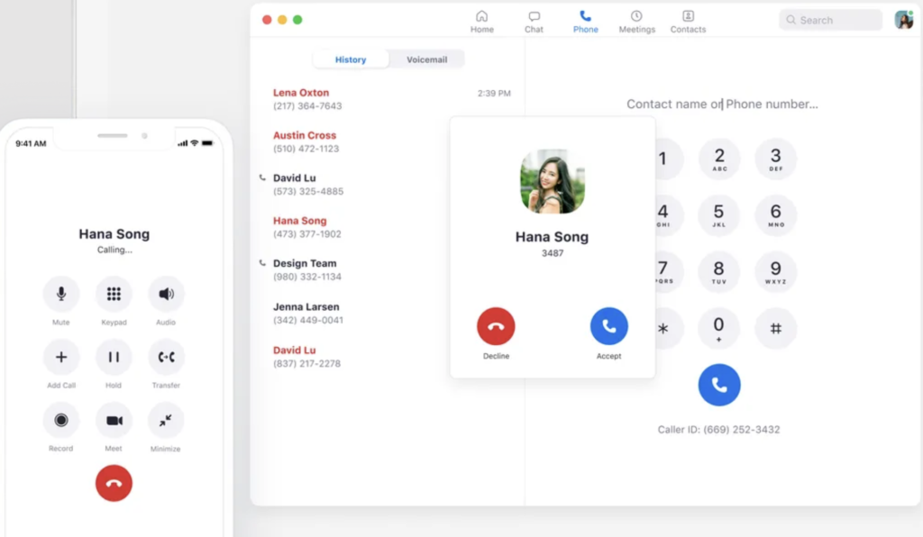 Zoom Phone desktop and mobile call interface with keypad, history, and call controls.