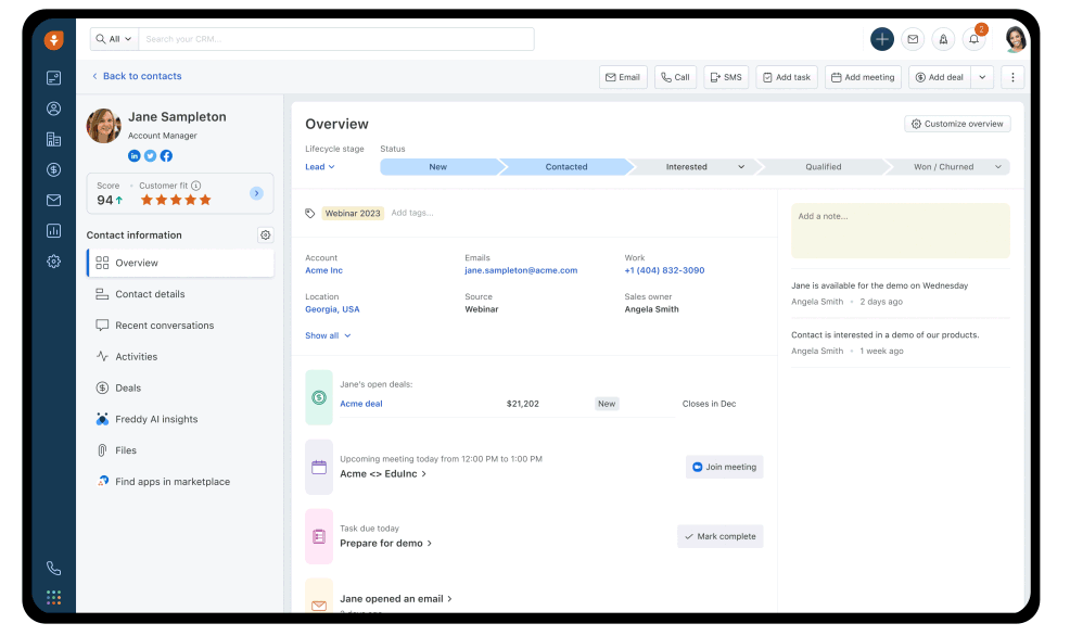 Freshsales' Freddy AI tool providing smart intent for leads.