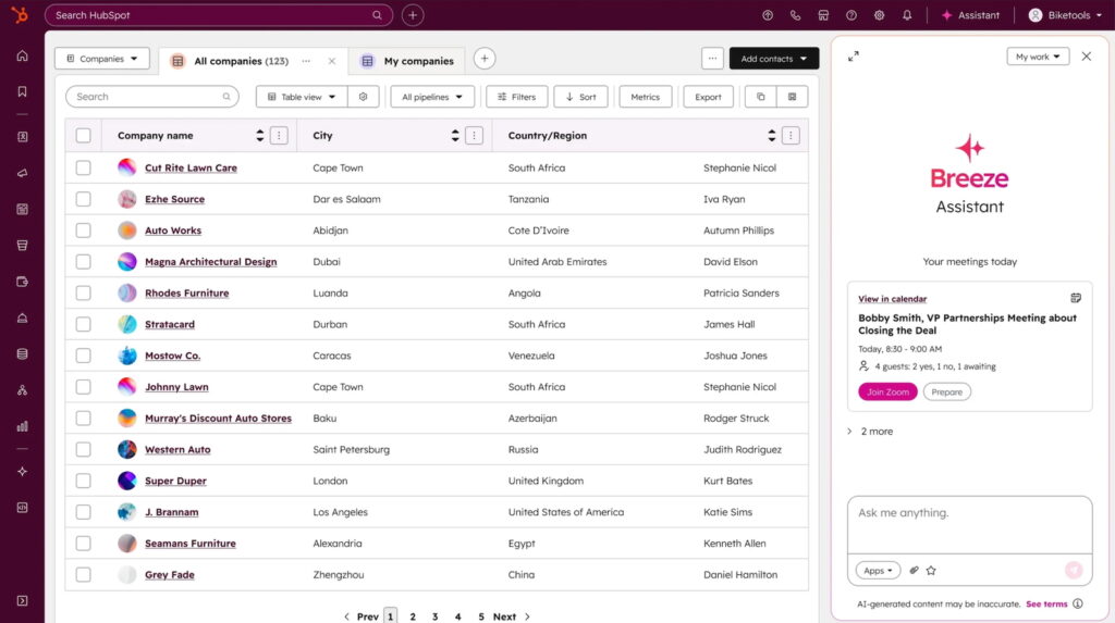 A mockup of HubSpot CRM's company list with the Breeze AI Assistant in the right corner.