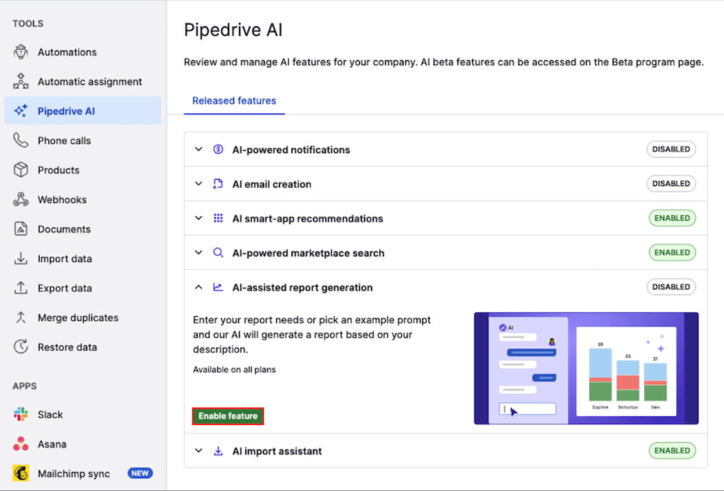 Pipedrive's Tools and Apps settings tab showing the AI features that can be enabled or disabled.