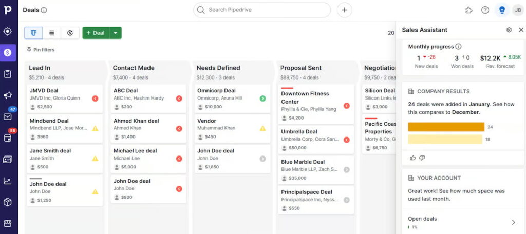 A mockup of Pipedrive's deal pipeline with the Sales Assistant widget showing smart insights.