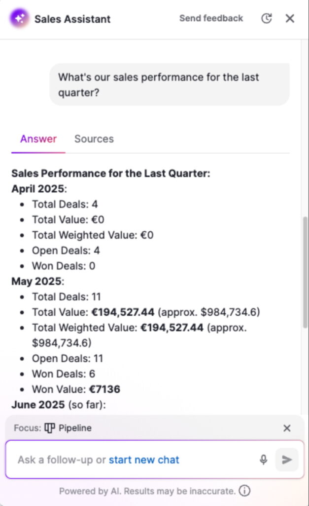 An example of a chat conversation with Pipedrive Sales Assistant with answers derived from CRM data.