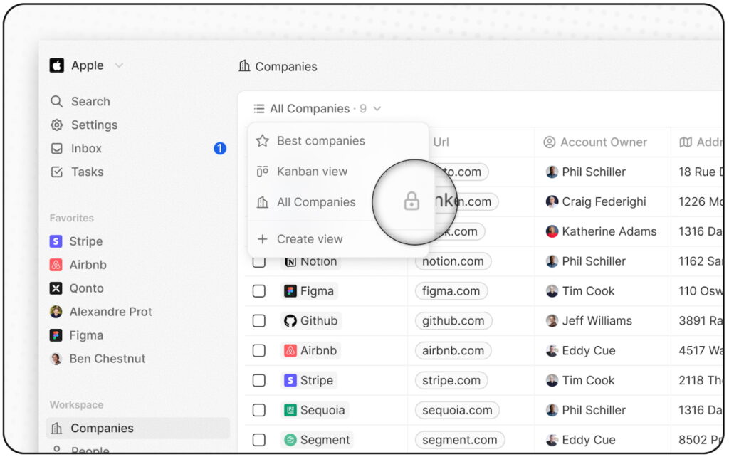 A mockup of Twenty CRM's default view of company records.