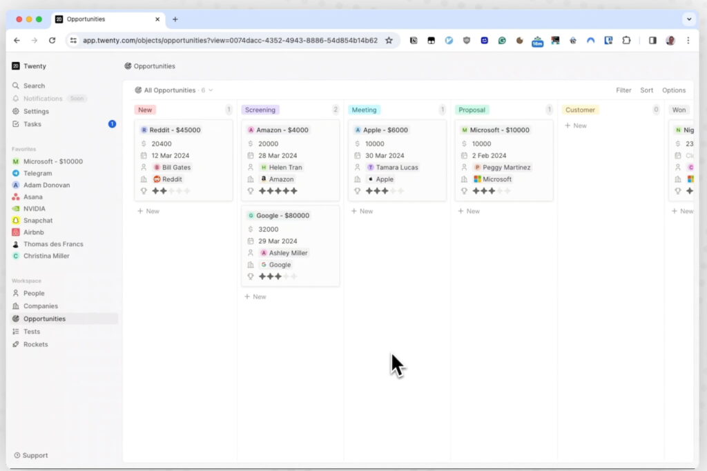 Kanban view of Twenty CRM’s opportunities.