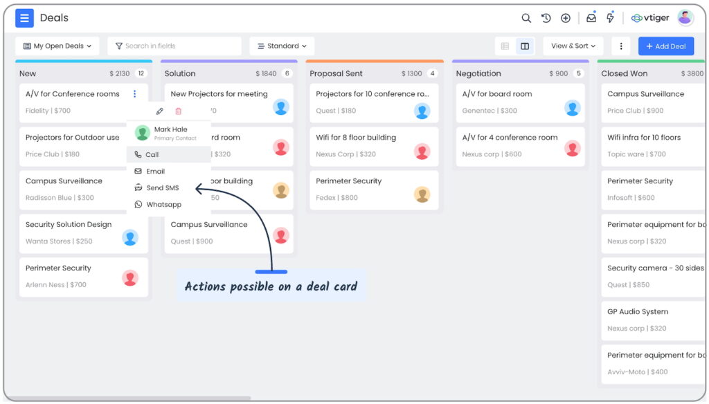 Vtiger's Kanban-style deal pipeline with each deal card showing possible actions.