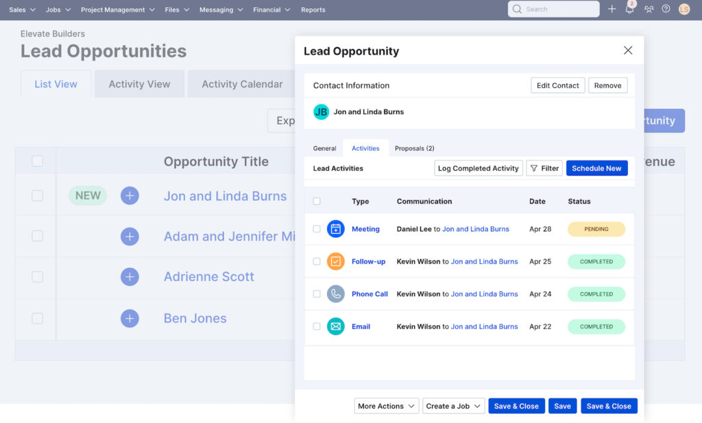 Buildertrend Lead Opportunity panel listing scheduled and completed customer activities.