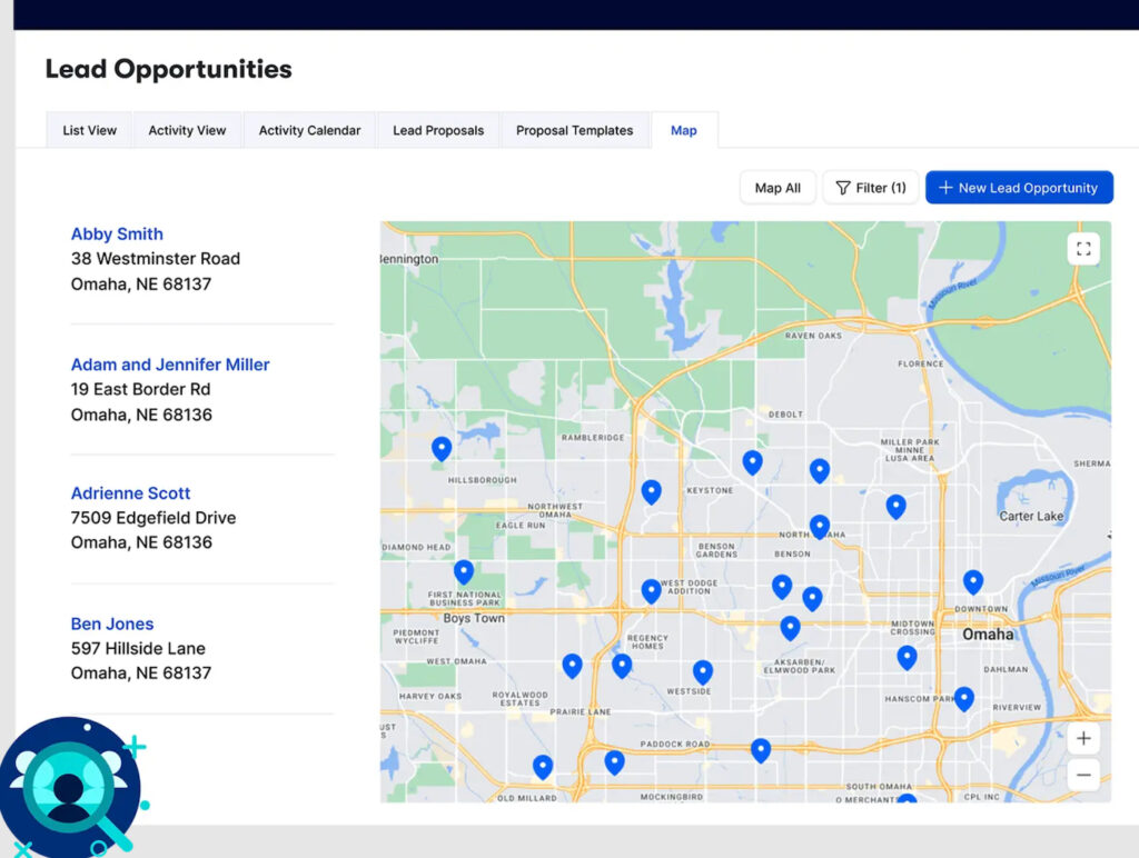 Buildertrend Lead Opportunities dashboard displaying prospect locations on a map.