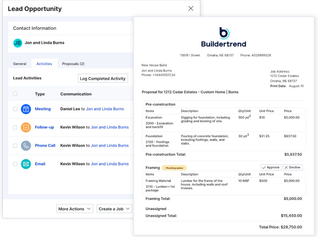 Buildertrend lead record beside an online construction proposal with itemized costs.