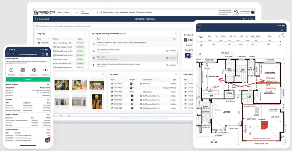 Contractor Foreman dashboard displayed with its mobile time-tracking app and a marked-up construction plan on a tablet.