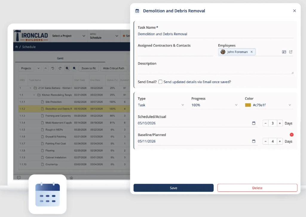 Contractor Foreman scheduling tool showing a demolition task assigned to an employee with progress and date fields.