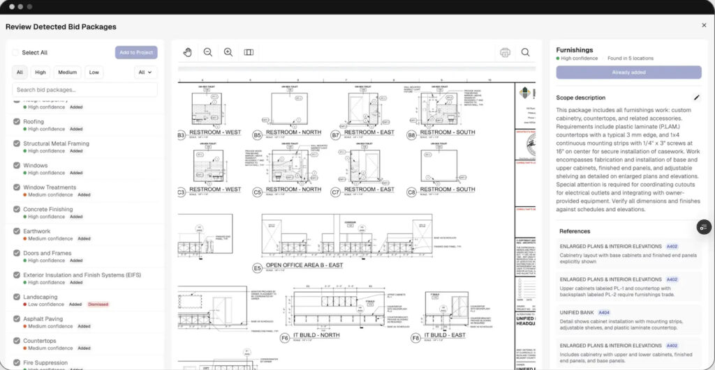 Downtobid plan review showing AI-detected bid packages, architectural drawings, and a furnishings scope description.
