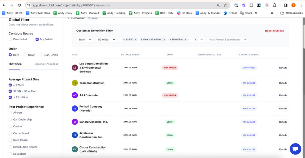 Downtobid subcontractor list filtered by distance, union status, average project size, and past project experience.
