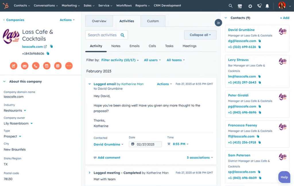 HubSpot company record showing contacts, emails, calls, tasks, and meetings for a business account.