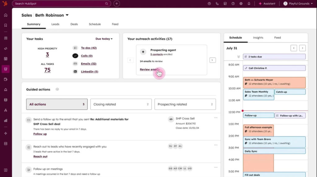 HubSpot sales workspace showing tasks, prospecting activity, guided follow-ups, and a daily schedule.