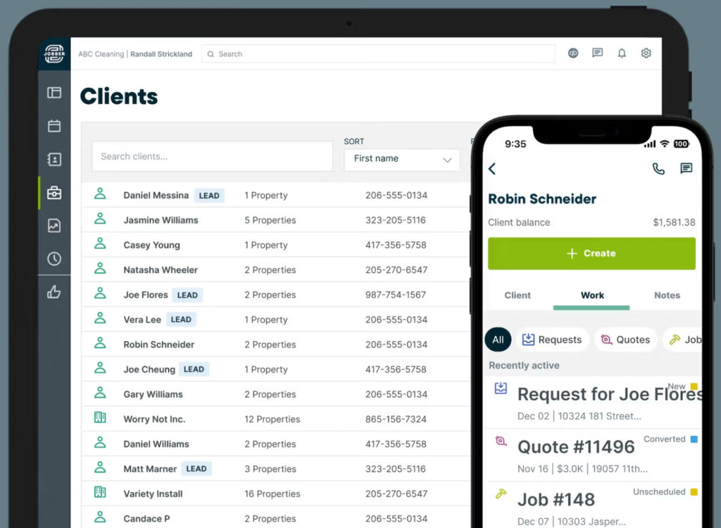 Jobber client management screens on desktop and mobile showing customer records, properties, balances, requests, quotes, and jobs.