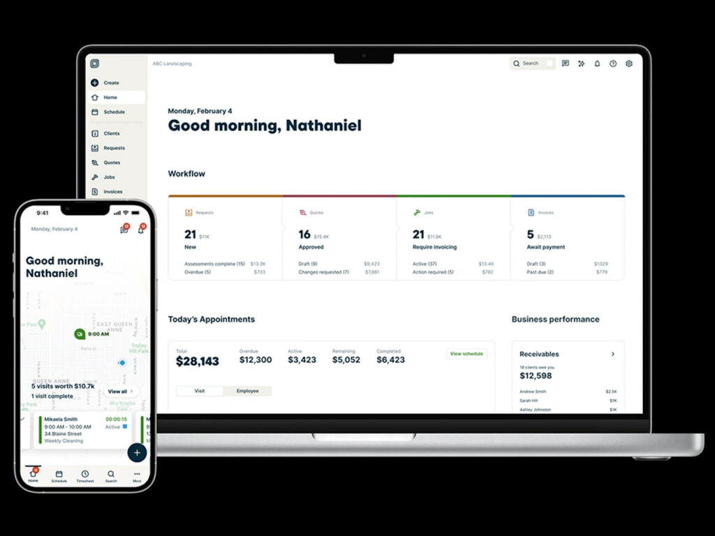 Jobber dashboard on a laptop and smartphone showing requests, quotes, jobs, invoices, appointments, and field scheduling.