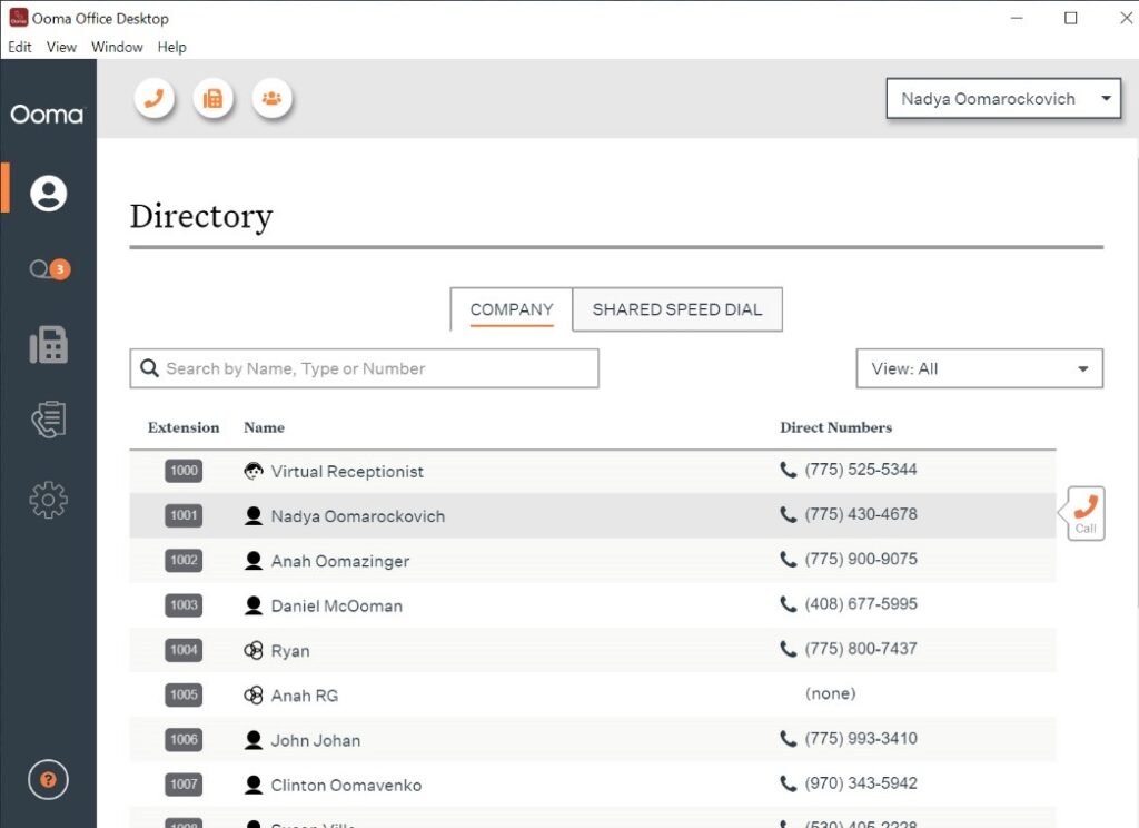 Ooma company directory with the names and direct numbers for each extension.