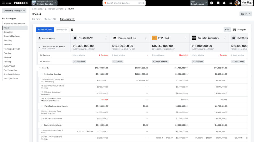 Procore bid leveling dashboard comparing HVAC subcontractor bids, line-item costs, exclusions, and missing items.