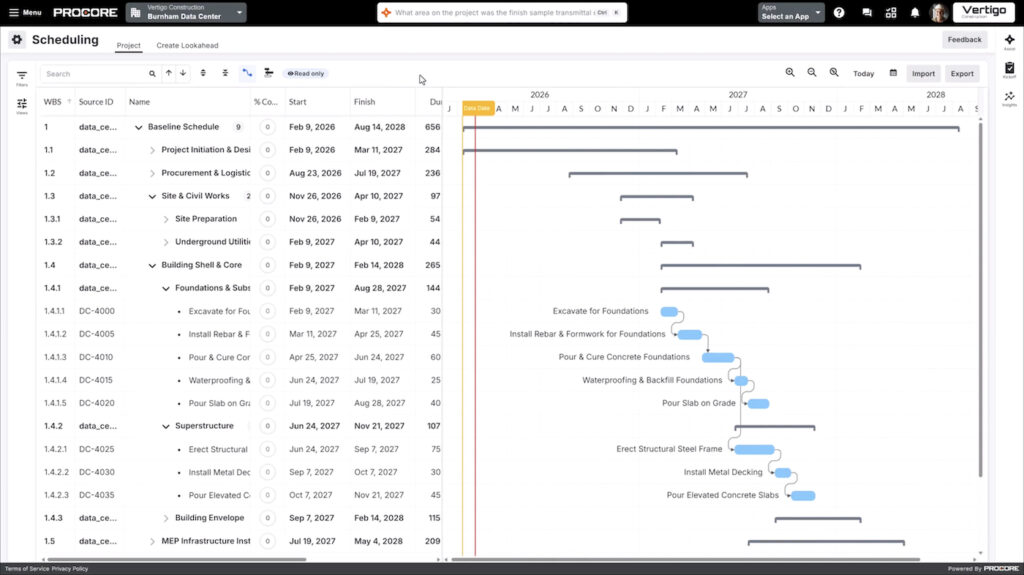 Procore construction schedule showing project phases, start and finish dates, durations, and connected tasks on a Gantt chart.