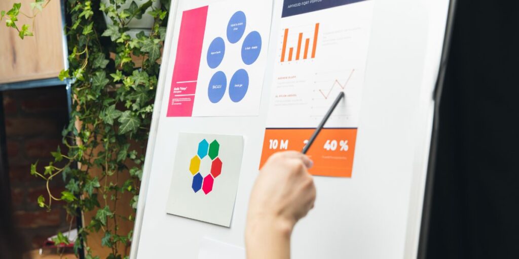 hand of people, managers working in modern office using modern devices and flipchart