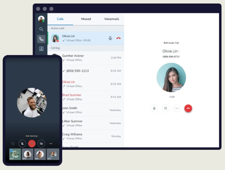 8x8 Work desktop app with a phone call and mobile screen with a conference call.