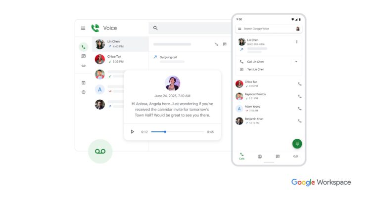 Google Voice mobile and desktop app featuring a voicemail transcription.