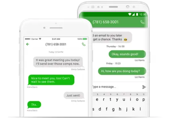 Mobile phone screens featuring a text conversation in the Grasshopper app.