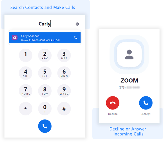 Zoom Phone mobile phone screens with contact information and calling instructions.