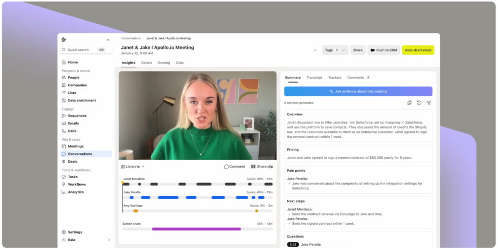 An example of Apollo.io's AI Call Assistant feature with a built-in meeting scheduler, call recorder, and AI insights.