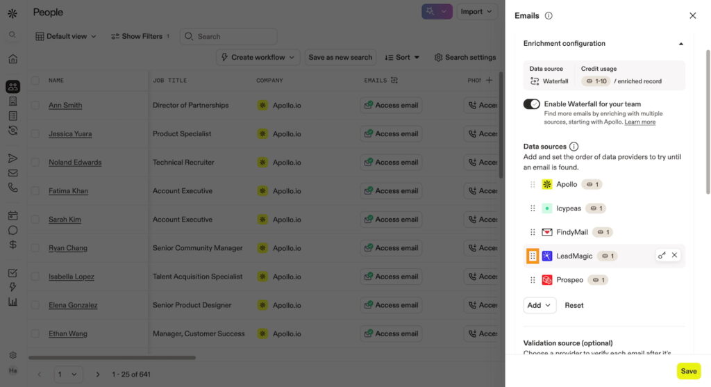 Apollo.io's People list with the global waterfall enrichment feature for emails and contact lists.