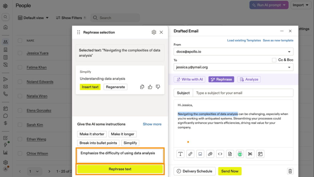 Apollo.io's AI Writing Assistant tool generating an email and providing smart suggestions for more effective messaging.