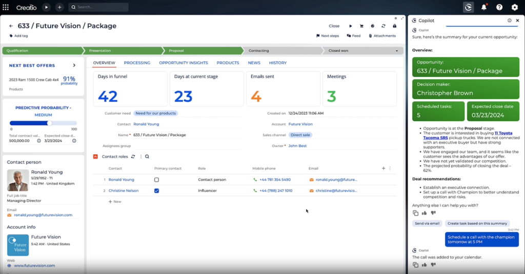 Screenshot of Creatio CRM showing an opportunity dashboard with pipeline stages, predictive probability, contact details, and an AI Copilot panel summarizing deal insights and recommendations.