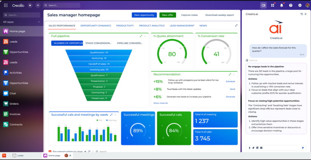 Screenshot of Creatio’s sales manager dashboard displaying pipeline metrics, quota attainment, conversion rates, and an AI assistant panel offering forecast insights and recommended actions.